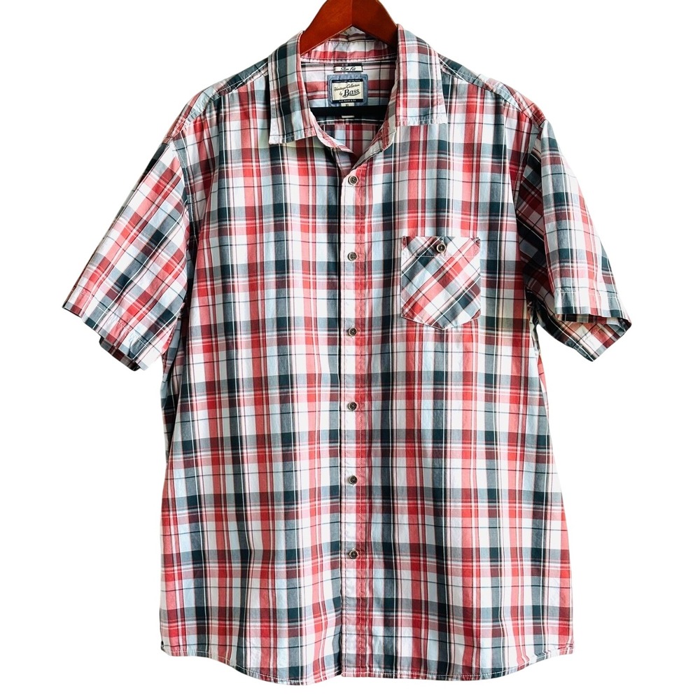 G.H. Bass Short Sleeve Shirt Slim‎ Fit Cotton Red Plaid Button Down Men's XL